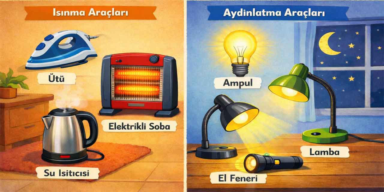 Elektriği, ısınma ve aydınlatma amaçlı kullanılan aletlere üçer örnek veriniz